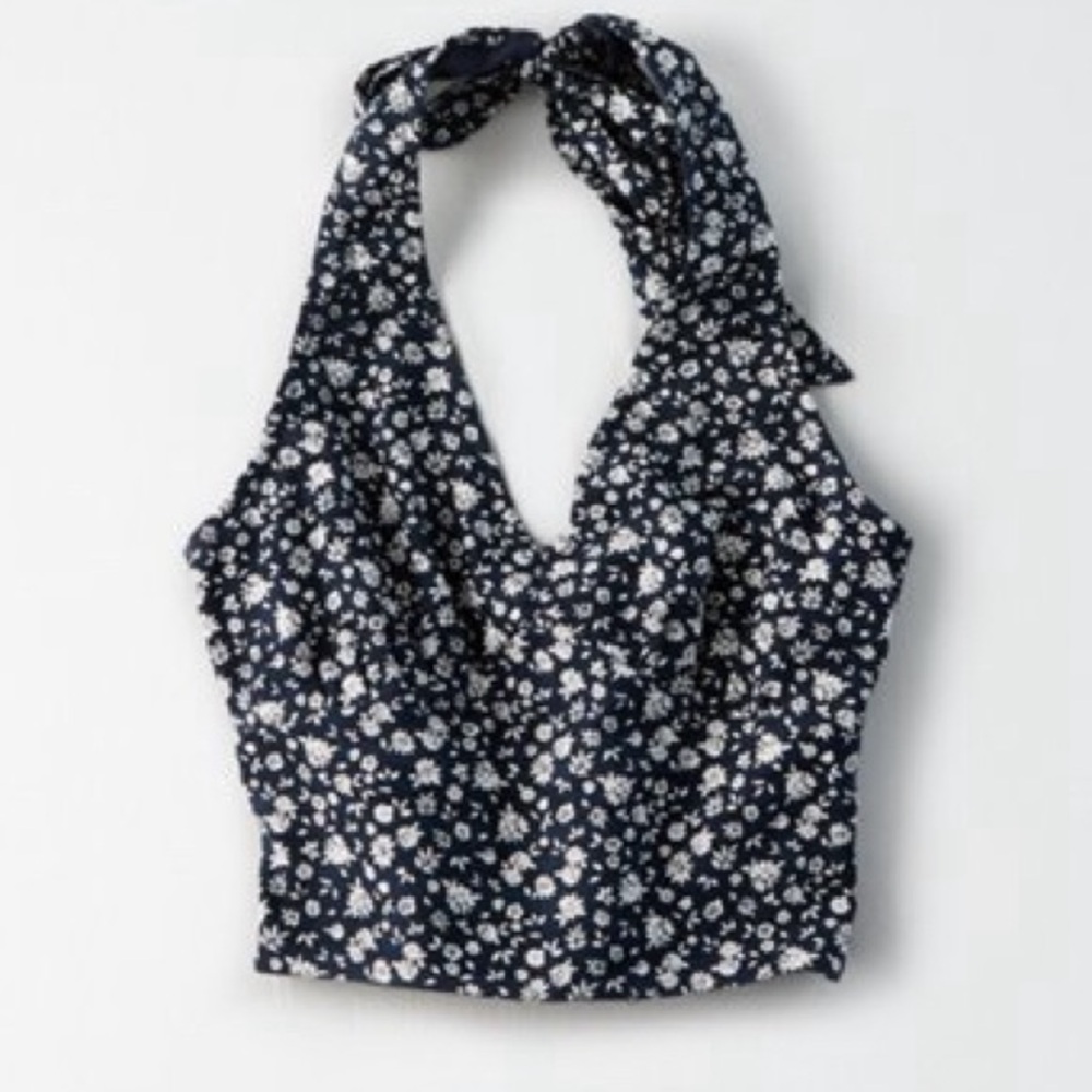 American Eagle Outfitters Navy Floral Halter Crop Tank